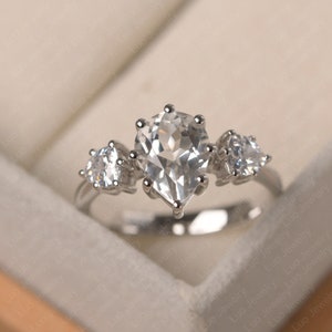 Multi-stone statement ring, natural white topaz cocktail ring, pear cut 7x9mm, solid sterling silver, November birthstone