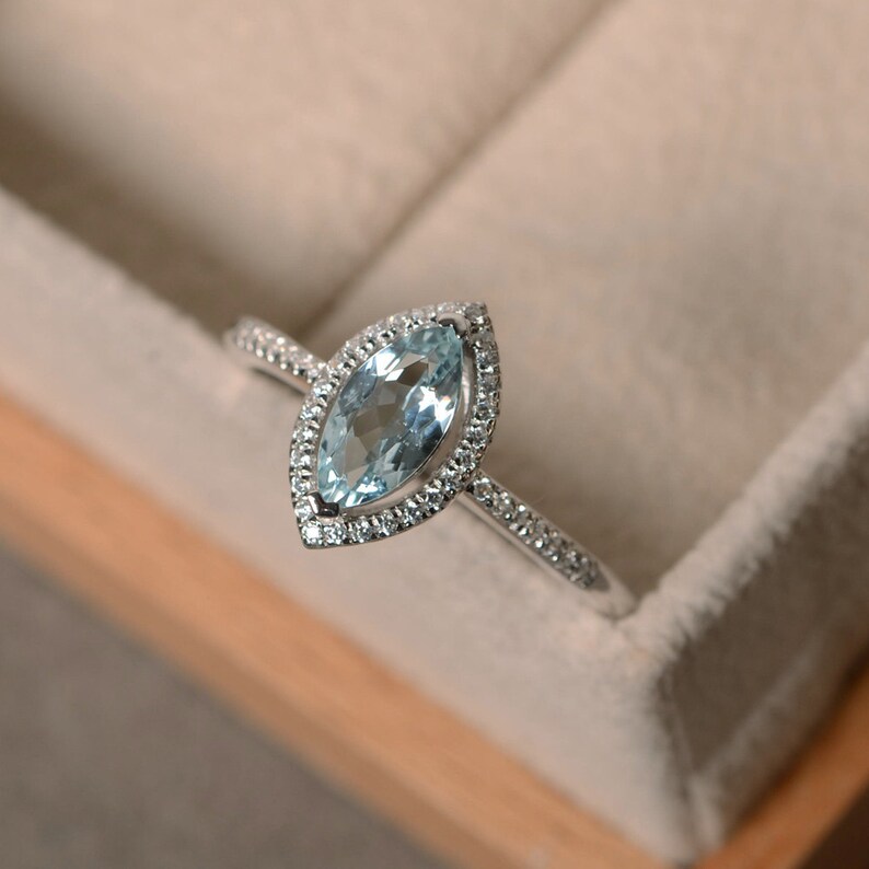 March birthstone promise ring Marquise aquamarine ring silver