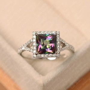 Rainbow mystic topaz ring, princess cut, sterling silver, engagement ring for women