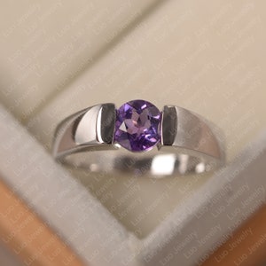 Bague améthyste, bague de fiançailles solitaire en argent sterling, pierre de naissance ronde de février
