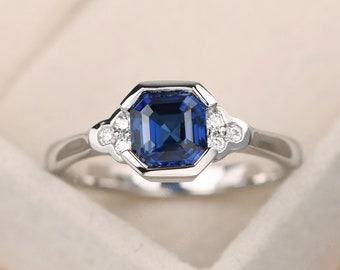 Simple sapphire engagement ring, asscher cut,14k gold September birthstone ring