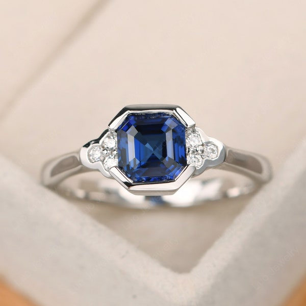 Simple sapphire engagement ring, asscher cut,14k gold September birthstone ring