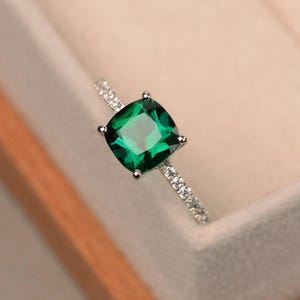 Emerald ring, engagement ring, green gemstone ring, cushion cut emerald, sterling silver