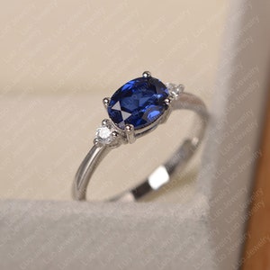 Sapphire engagement ring, oval cut September birthstone, white gold wedding ring for women