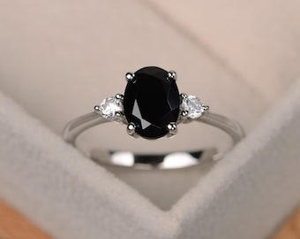 Black spinel ring, Oval shaped engagement ring, black gemstone ring, sterling silver,party ring