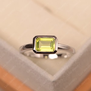 Peridot ring, sterling silver, solitaire engagement ring, August birthstone, emerald cut, east west ring