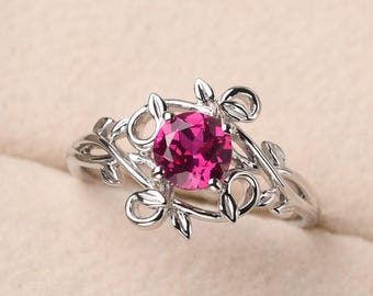 Aangepaste robijnrode ring, trouwring met bladzilver, rond geslepen 6 mm, geboortesteenring juli