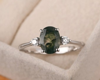 Natural 1.14 CT moss agate ring, delicate engagement ring, sterling silver, gifts for women