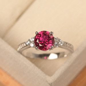 Vintage ruby wedding ring, round cut ,red gemstone, July birthstone, sterling silver, handmade birthday gifts