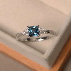 London blue topaz ring, princess cut , sterling silver, handmade bridal ring,funny gift for women,November birthstone