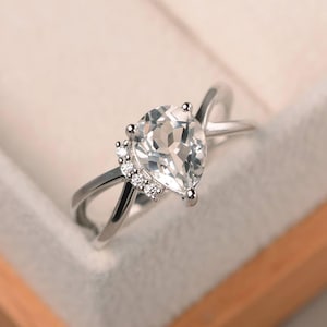 Natural white topaz ring, wedding ring, pear cut gemstone, sterling silver ring