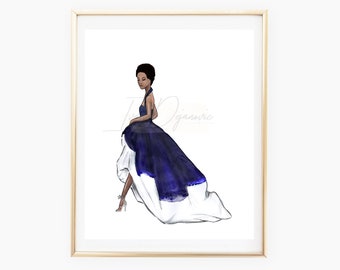 Illustration av aftonklänning, väggkonst för klänning, elegant fåfängatryck, söt konsttryck, modeskiss, klädrumsinredning, modegåvakonst