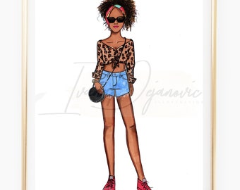 Ilustracja mody w stylu panterki, szkic mody dla stylowej damy, dekoracja ścienna w stylu mody, stylowy nadruk w stylu mody