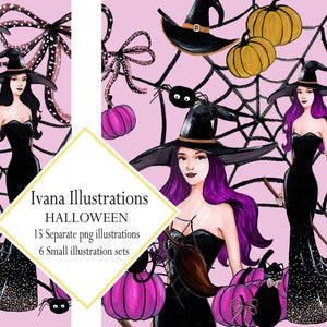 Halloween Mode Akvarell Clipart Häxa Clipart Halloween Akvarell Svart Katt Spindel Kvast Pumpa Clipart Kommersiell clipart bild 1