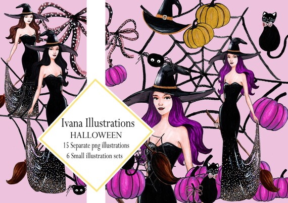 Halloween Fashion Watercolor Clipart Witch Clipart Halloween  Watercolor Black Cat Spider Broom Pumpkin Clipart Commercial clipart