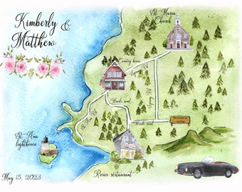 Mapa de boda personalizado, Ilustración de mapa de boda en acuarela, Mapa de boda personalizado para bolsa de bienvenida, Itinerario para guardar la fecha, Mapas de boda