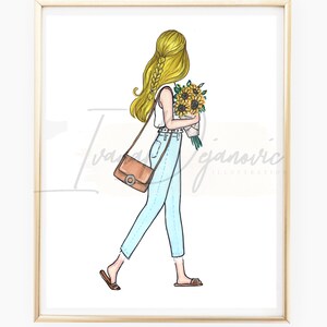 Sunflower bouquet girl fashion wall decor print, girl with sunflowers fashion illustration print, girly wall decor,chic art
