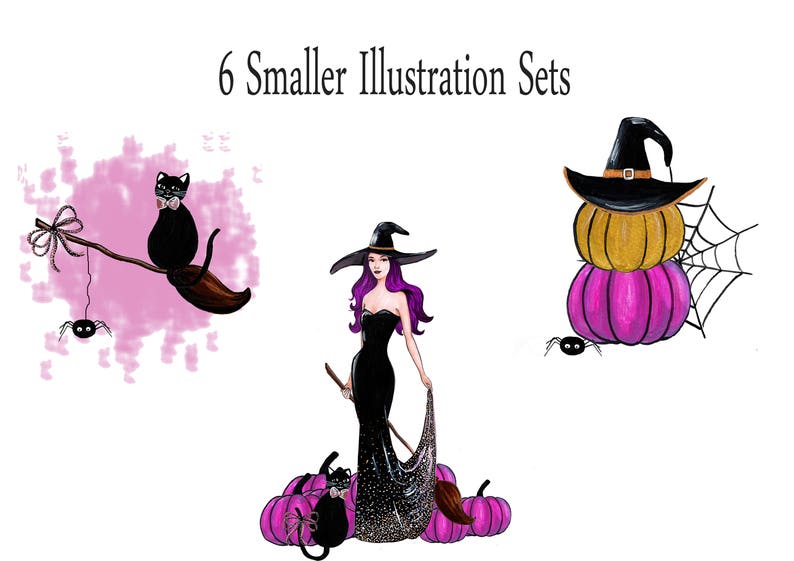 Halloween Mode Akvarell Clipart Häxa Clipart Halloween Akvarell Svart Katt Spindel Kvast Pumpa Clipart Kommersiell clipart bild 4