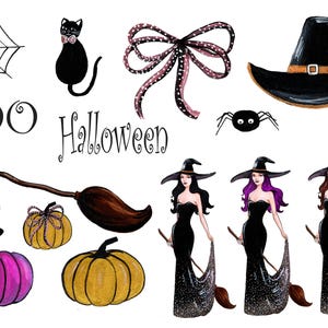 Halloween Mode Akvarell Clipart Häxa Clipart Halloween Akvarell Svart Katt Spindel Kvast Pumpa Clipart Kommersiell clipart bild 2