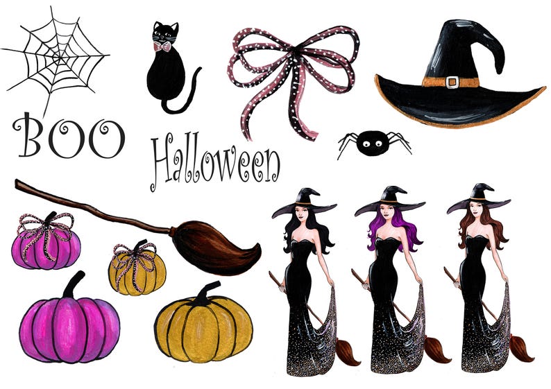 Halloween Mode Akvarell Clipart Häxa Clipart Halloween Akvarell Svart Katt Spindel Kvast Pumpa Clipart Kommersiell clipart bild 2