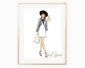 Impressão de ilustração de moda, esboço em preto e branco, arte de parede estilosa