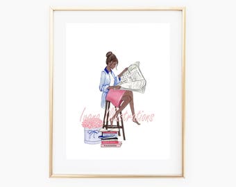 Afro American Book Lover Print Girl Reading book Gift for her Book Wall Art Print Print Bookish Wall Art Print Art Print In Library