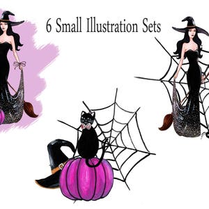 Halloween Mode Akvarell Clipart Häxa Clipart Halloween Akvarell Svart Katt Spindel Kvast Pumpa Clipart Kommersiell clipart bild 3
