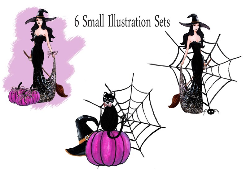 Halloween Mode Akvarell Clipart Häxa Clipart Halloween Akvarell Svart Katt Spindel Kvast Pumpa Clipart Kommersiell clipart bild 3