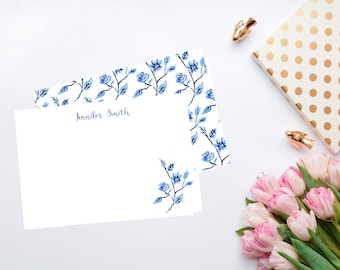 Personalized stationery blue ink rose watercolor,monogrammed notecards,custom gift for her,blue and white chinoiserie notecards