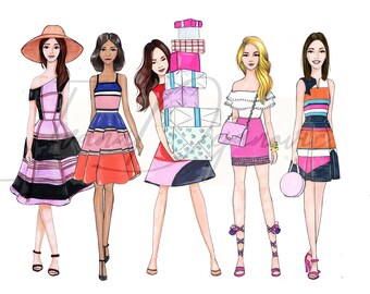 Pink Squad Modeillustration Tryck: Modeskiss Ränder Modeaffisch Konst Rosa Mode Väggkonst Dekor Söt Mode Gåva Chic Mode