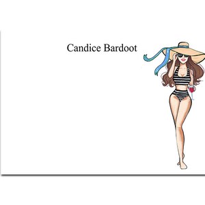 Aangepaste Strand Babe Stationaire notitie kaarten set, Gepersonaliseerde mode illustratie briefpapier, Cute monogram bedankt kaarten