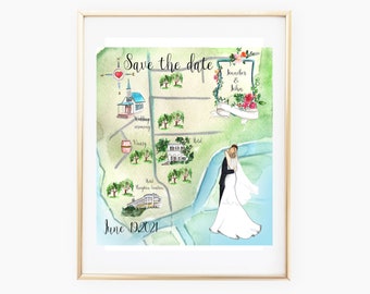 Custom Watercolor Wedding Map, Personalized Hand Drawn Wedding Map for Welcome Bag, Save the Date, Itinerary,custom wedding invitations