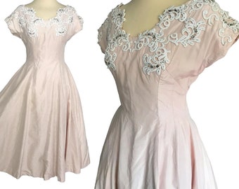 50s Whipped Cream Blush Silk Lace Swing Dress, Full Circle Rhinestone Trim Sweeping Rockabilly Pin Up Bombshell Prom Wedding Occasion Dress