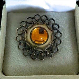 925 Silver & Natural Citrine Brooch, Ancient Greek Designer Replica Scarf Shawl Pin Gemstone Cabochon, Hellenistic Xmas Prom Moms Day Gift