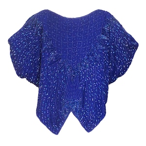 70s Silk Azure Blue Butterfly Batwing Top, Mardi Gras Rainbow Beaded Sequinned Disco Party Occasion Carnival Pageant Christmas NY Top Blouse