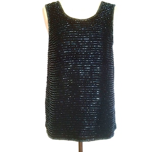 80s Ink Black Embellished Striped Silver Beaded Top, Xmas Scoop Neck Sleeveless Tank Tunic, Occasion New Year Party Sparkly Beaded Top sz S
