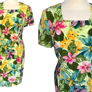80s Silk Maggy London Tropical Hawaiian Dress, Wiggle Sheath Floral Print Hourglass Cocktail Dress, Summer Party Wedding Guest Races Dress