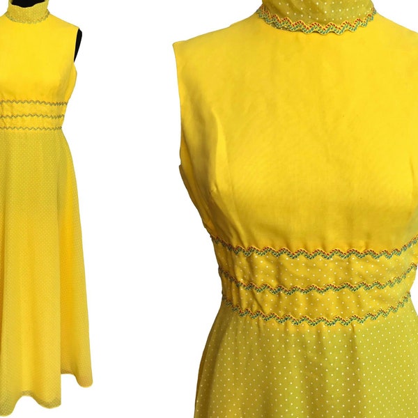 60s Miss ELLIETTE California Yellow MOD Dress, Swiss Dot High Mock Neck Festival Party Prom Dress, Wedding Summer Evening Yellow Dolly Dress