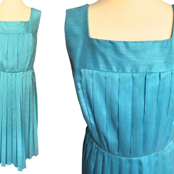 50s-60s Aqua Turquoise Blue Duck Egg Dress, Wool Blend All Pleated Sleeveless Day Dress, Blue Wool Rockabilly Summer Occasion Tea Dress