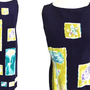 80er 100% Seide Marineblau Lila Art Deco Print Kleid, Mantel Mod Boot Neck Tank Ärmelloses Midi Kleid, Botanisch Geometrisch Blau Gelb Kleid
