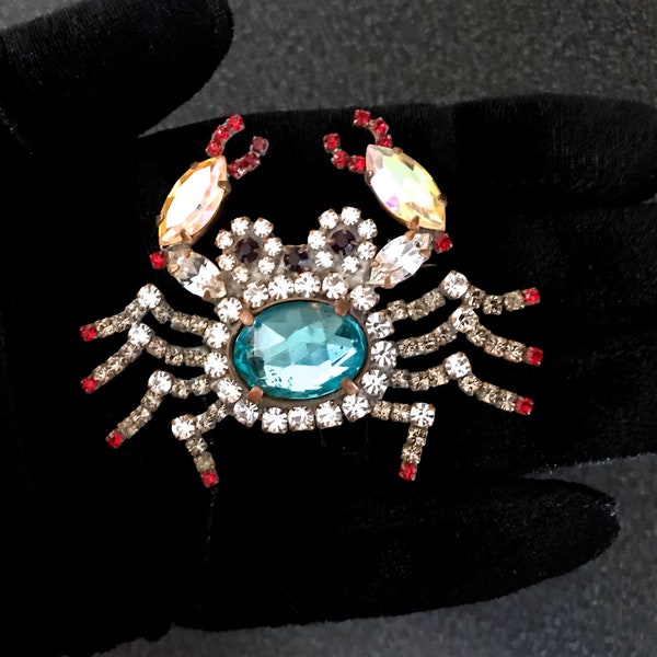 Old Czech Blue Crystal Glass CRAB Brooch, Xmas Aurora Borealis Multi Color Rhinestone Carnival Easter Brooch, Insect Lapel Scarf Shawl Pin