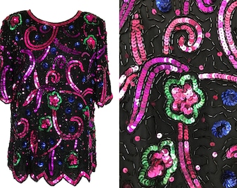 10 FRANK USHER TOP WRAP PLUNGE LONG SLEEVE HEAVILY EMBELLISHED SILK PURPLE NEW