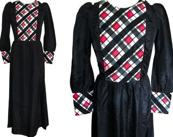 60s Edwardian Check Plaid Taffeta Dress, Gothic Steampunk Black Red White Taffeta Diamond Check Dress, MOD Xmas New Year Party Maxi Dress