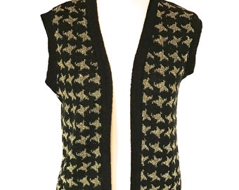 70s Black & Gold Lurex Metallic Open Front Cardigan, Back to School Boho Hippie Houndstooth Pattern Casual Street Style Wear, Old School Top