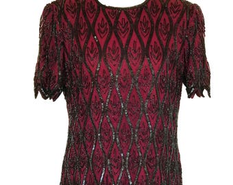 80s Silk Art Deco Sequin Mardi Gras Top, Xmas Burgundy Wine & Black Beaded Carnival Pageant Party Evening Tunic Blouse, Flapper Gatsby Top