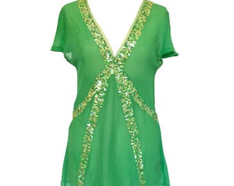 Jaren 90 antik-batikzijde chiffon top met regenboog pailletten, kerstgroene pure crêpe de Chine top met lovertjes en mesh trim, disco party St Pat's Day tuniekblouse