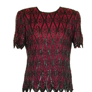 Bluzka z jedwabiu w stylu Art Deco z cekinami na Mardi Gras w stylu lat 80., bordowo-wino-bordowa i czarna z koralikami na karnawałową imprezę wieczorową, bluzka w stylu flapper Gatsby