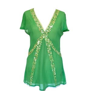 90s Antik Batik Silk Chiffon Rainbow Sequin Top, Xmas Green Sheer Crepe de Chine Sequin Mesh Trim Top, Disco Party St Pat's Day Tunic Blouse