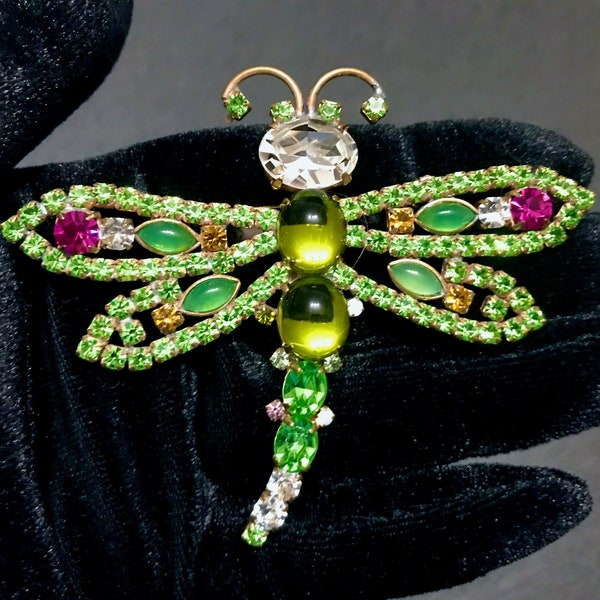 Old Czech LARGE Crystal Glass Dragonfly Brooch, Multicolor Rhinestones Handmade Mardi Gras HUSAR.D Insect Bug Brooch Gift Lapel Pin