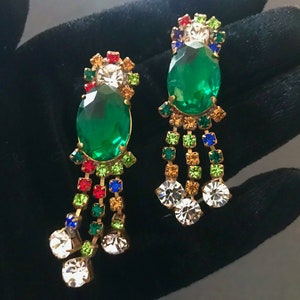 Art Deco Old Czech Crystal Glass Drop Earrings, Xmas Green Multicolor & Rhinestones Dangle Carnival Pageant Party Evening Puzett Earrings